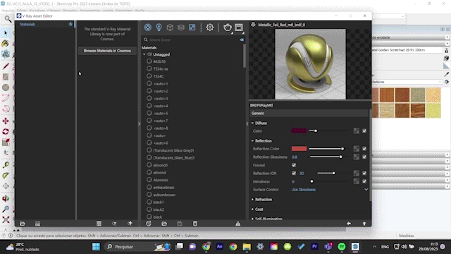 O GIF mostra o acesso aos materiais pré-configurados no V-Ray e sua variedade.