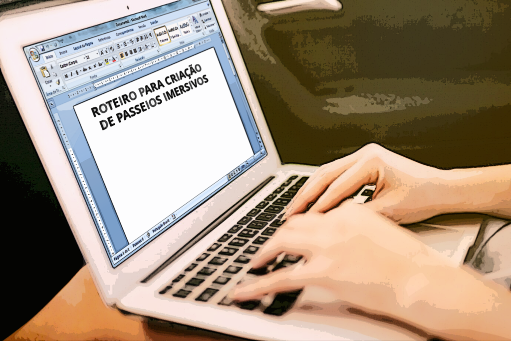 A imagem mostra a estagiária Laura numa sala no escritório da SI Construções trabalhando com um notebook.
