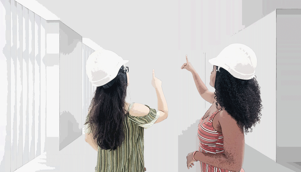 A imagem mostra Roberta e Laura realizando uma visita em uma sala comercial que será reformada. O piso, teto e paredes são brancos. 