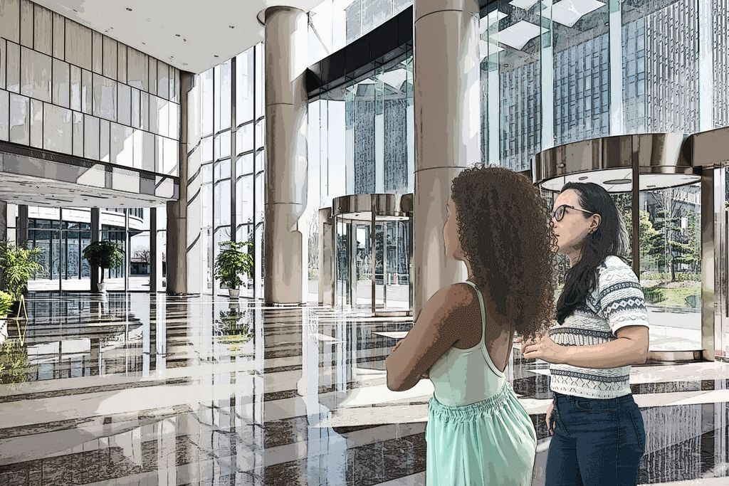 A imagem mostra Roberta e Laura visitando a obra do edifício comercial.