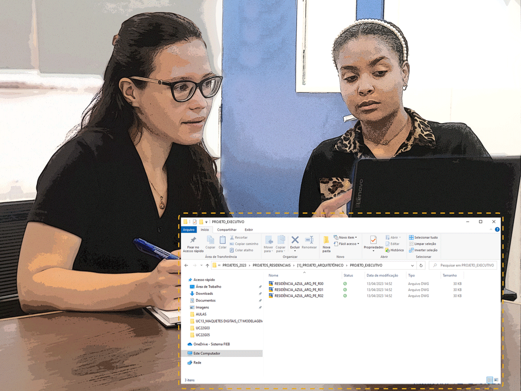 A imagem Laura apresentando a organização dos arquivos que fez no computador para Roberta.