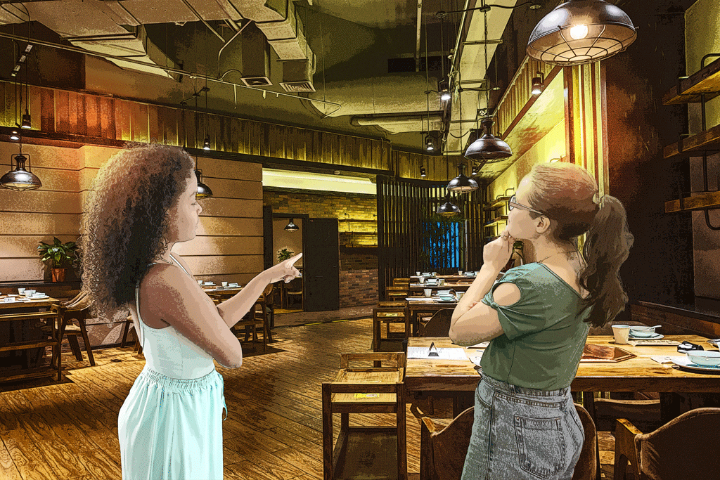 A imagem mostra Roberta e Laura realizando uma visita técnica no restaurante que será reformado, elas observam no teto as tubulações de ar-condicionado que a cliente deseja esconder.