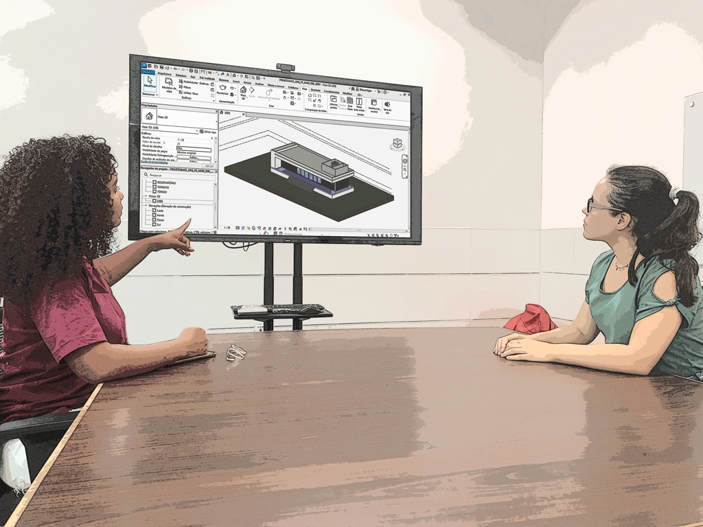 A imagem mostra Roberta e Laura na sala de reuniões da SI conversando sobre essa nova demanda para o projeto, Roberta está dando instruções para Laura.