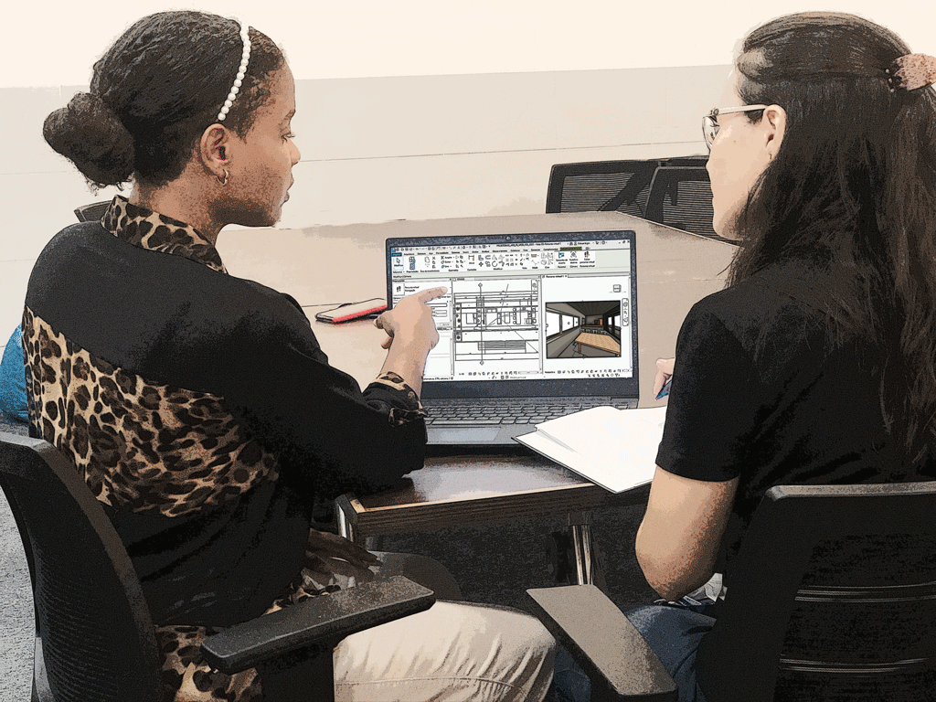  A imagem mostra Laura e Roberta observando a tela de um computador onde Laura está apresentando o passeio virtual que desenvolveu.