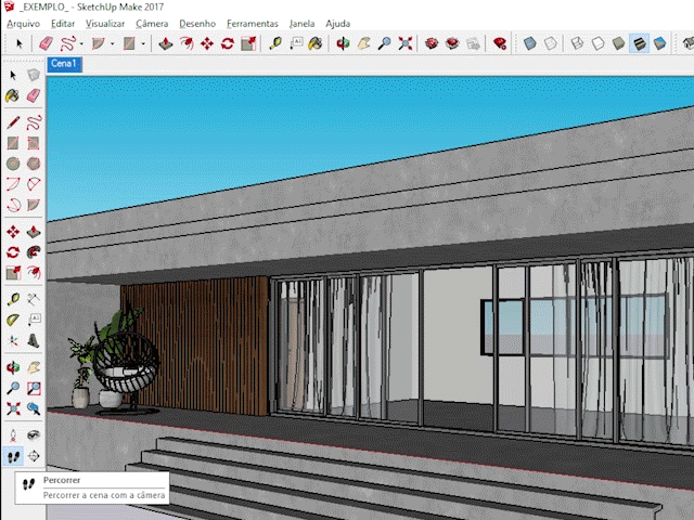 O GIF mostra a configuração de ajuste da posição do observador no software SketchUp.