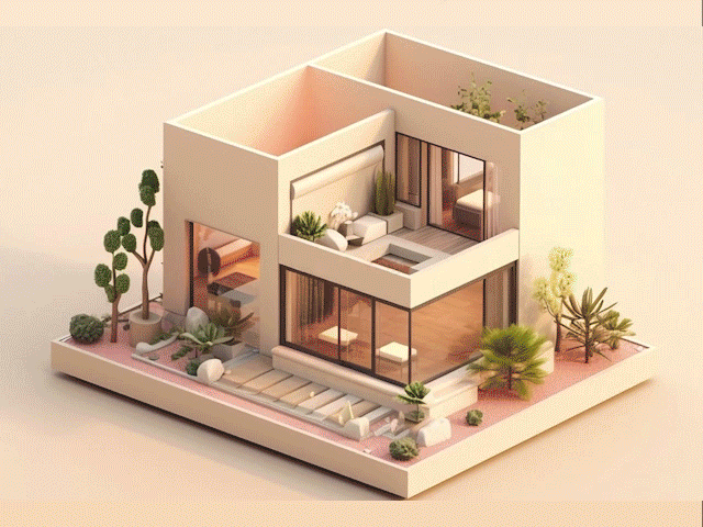 O GIF mostra duas perspectivas isométricas, uma externa e outra interna. Nelas as linhas se mantêm paralelas e não convergem para nenhum ponto de fuga