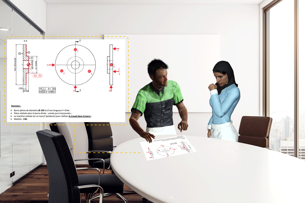L'image montre Hassan remettant à Zahra le dessin mécanique d'une bride avec un trou interne passant, avec les définitions de positionnement isostatique conformes au schéma isostatique pour les pièces cylindriques courtes.
